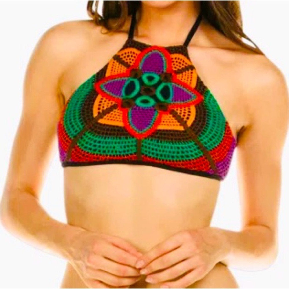 🏖️CROCHET HIGH NECK BIKINI TOP IN ISA BALI HAI IN MULTI COLOR NWT size L